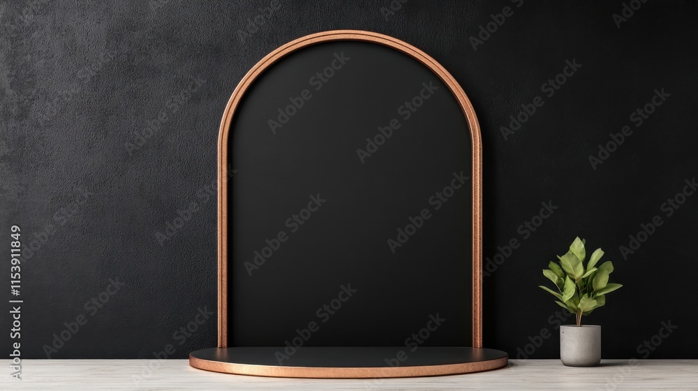 Poster a minimalist display featuring a copper arch structure against a dark wall, complemented by a small 