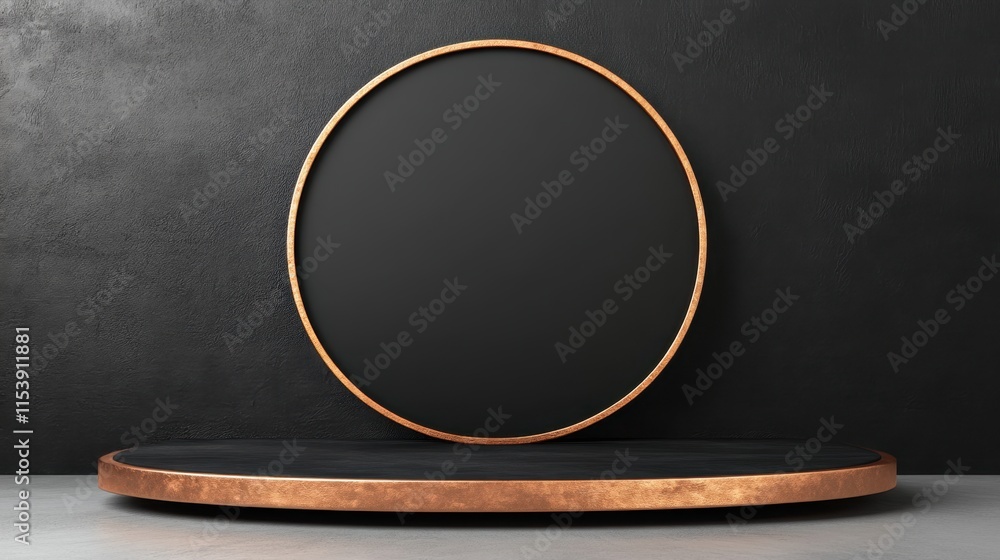 Poster a minimalist display featuring a circular frame atop a textured, dark base against a sleek black bac