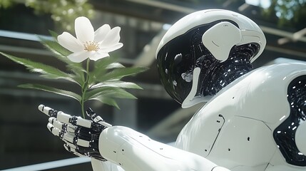 Robot gently holding a white flower.