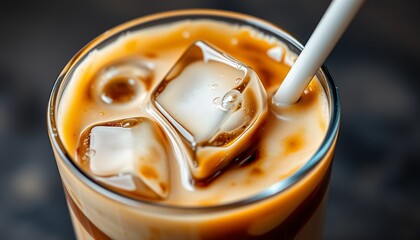 Refreshing Iced Coffee: A Close-Up View of a Glass of Iced Coffee with Ice Cubes and a Straw