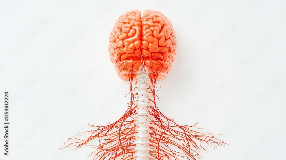 Poster a vibrant illustration of a brain connected to a spinal cord, representing the central nervous syste