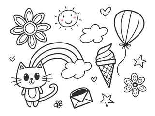 Cute element doodle cartoon hand drawn black line icon set , coloring book for kids