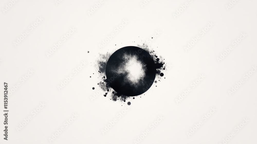 Poster a minimalistic design featuring a black sphere with a white center, surrounded by abstract splatters