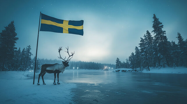 Flag of country of sweden floating above the lapland reindeer animal standing near the frozen lake in a snowy outdoor arctic scandinavian finland winter nature landscape. aurora borealis, mountain.