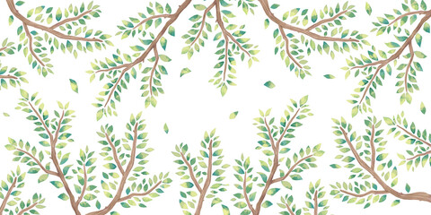 水彩タッチの植物の背景　木の枝と葉