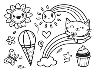 Cute element doodle cartoon hand drawn black line icon set , coloring book for kids