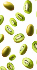 Falling Kiwi Fruit Cut in Half, Isolated on White Background. PNG File with Transparent Layers for Each Kiwi. Detailed Green Kiwifruit Cutout.