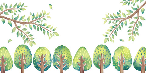 水彩タッチの植物の背景　並んだ木々と木の枝