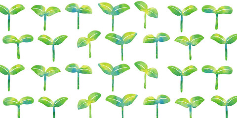 水彩タッチの植物の背景　並んだ双葉、芽