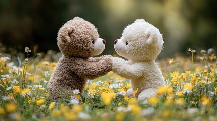 Two adorable teddy bears hold hands amidst a vibrant field of flowers, symbolizing friendship and love in a serene, natural setting.