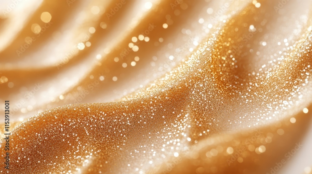 Poster a close-up view of shimmering golden fabric with a soft, wavy texture, capturing light and sparkles 