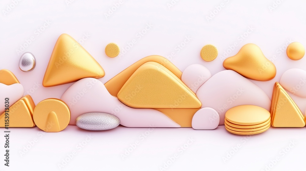 Poster an abstract arrangement of geometric shapes in soft hues of yellow and pink, creating a playful and 