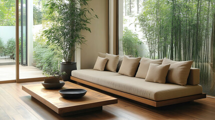 Fototapeta premium Tranquil Modern Living Room with Bamboo Accent