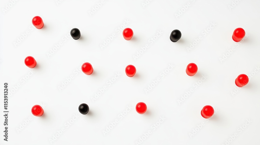 Poster Colored pegs arranged on a white surface, creating a pattern with red and black elements, evoking a playful and organized aesthetic.
