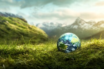 Beautiful green landscape with Earth Day banner, nature's beauty highlighted, clear and sharp photo