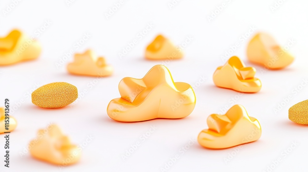 Poster A collection of playful, yellow shapes resembling abstract blobs and coins, set against a clean white background.