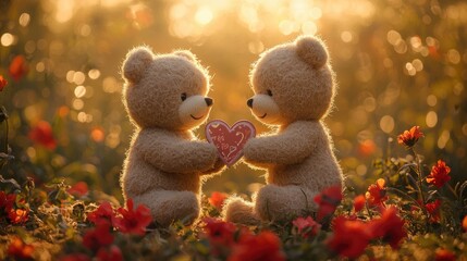 Fototapeta premium Two plush teddy bears hold a heart-shaped gift, surrounded by a vibrant flower field and soft, glowing sunlight.