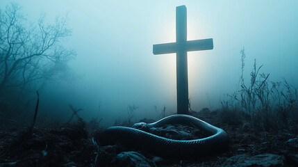 Silhouette of serpent snake symbolizing evil satan devil demon standing against the glowing wooden cross on a hill, symbol of jesus christ crucifixion. religious exorcism, god, church.