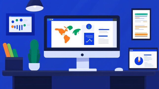 A digital workspace featuring data visualizations and maps on computer screens.