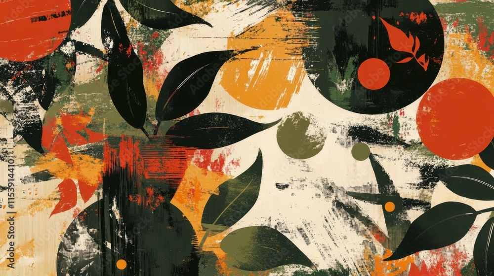Poster a vibrant abstract design featuring leaves and circular shapes in earthy tones, creating a dynamic a