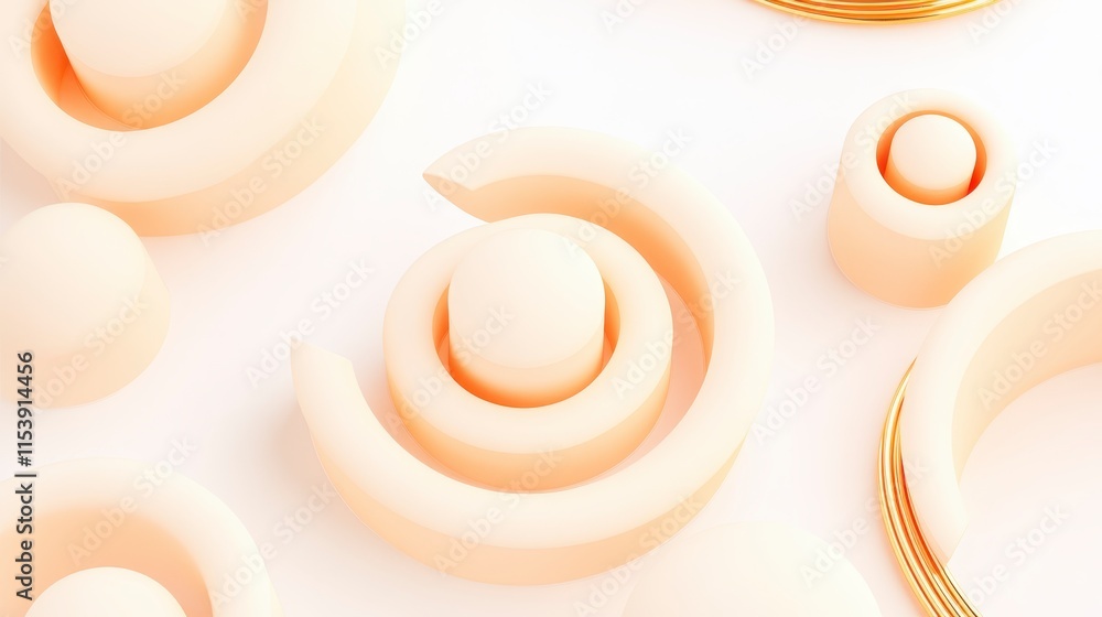 Poster a collection of soft, circular shapes in pale tones, featuring spheres and rings, creating a visuall