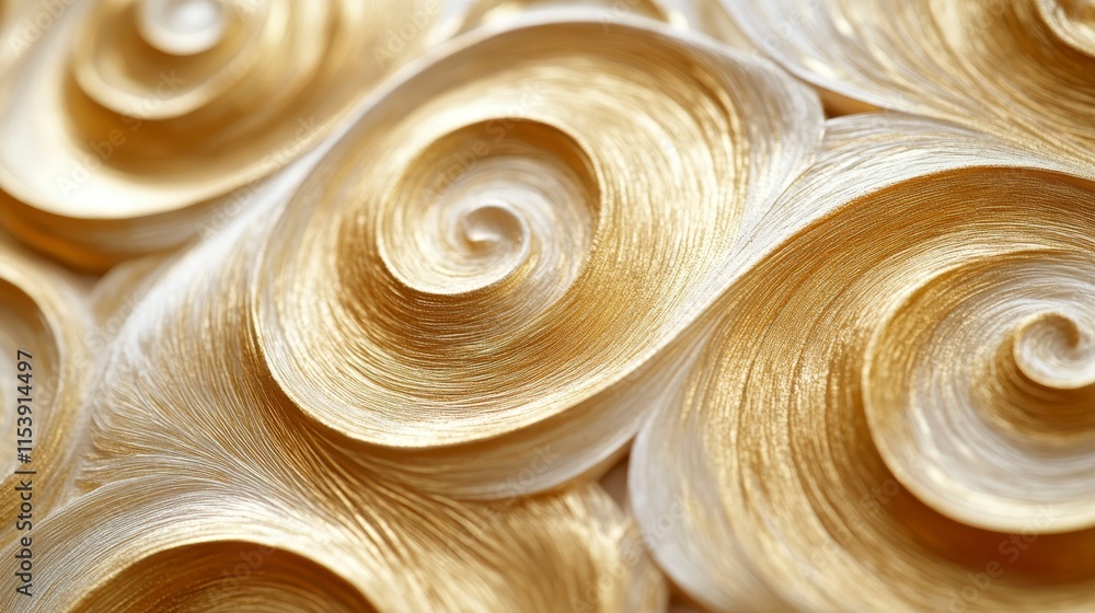 Poster a close-up of golden swirling patterns resembling intricate shells, showcasing a smooth texture and 