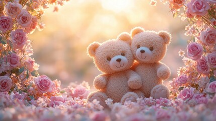 Fototapeta premium Two adorable teddy bears sit amidst a beautiful floral backdrop, radiating warmth and affection in a soft, dreamy light.