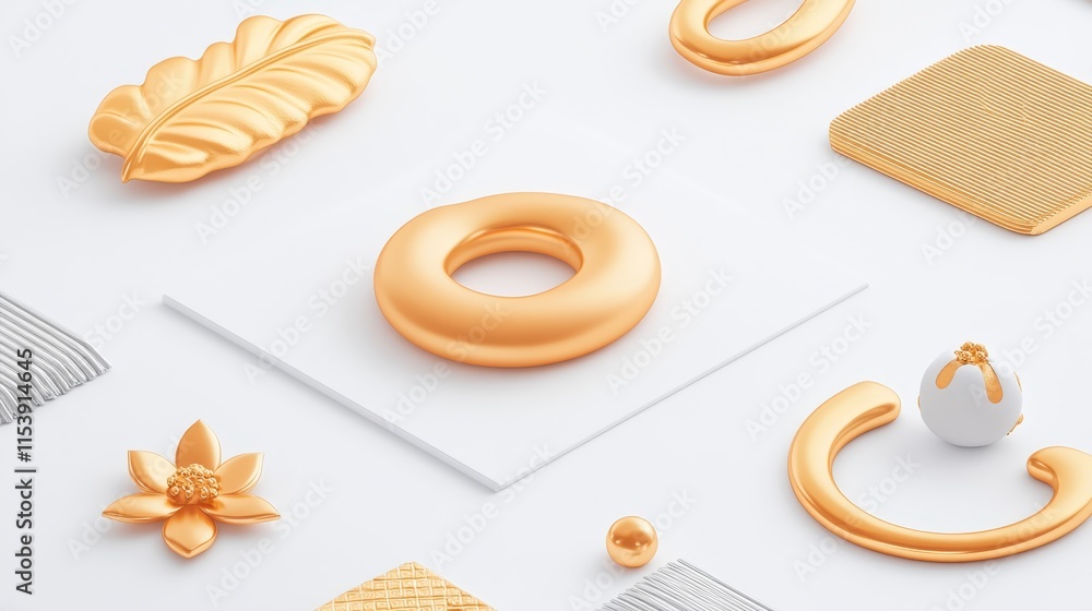 Poster a collection of golden, textured shapes and patterns arranged on a white background, showcasing desi