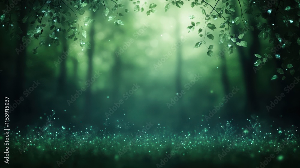 Poster a serene forest scene with soft, diffused light filtering through lush green foliage, creating a tra