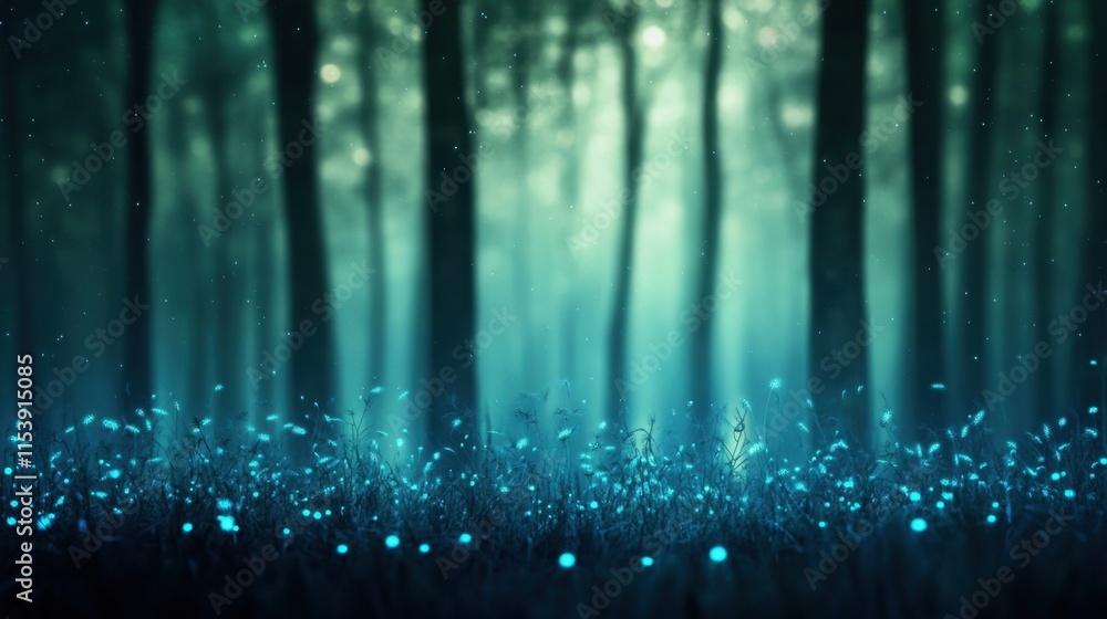 Poster a serene forest scene illuminated by glowing particles, creating a mystical atmosphere amidst the tr