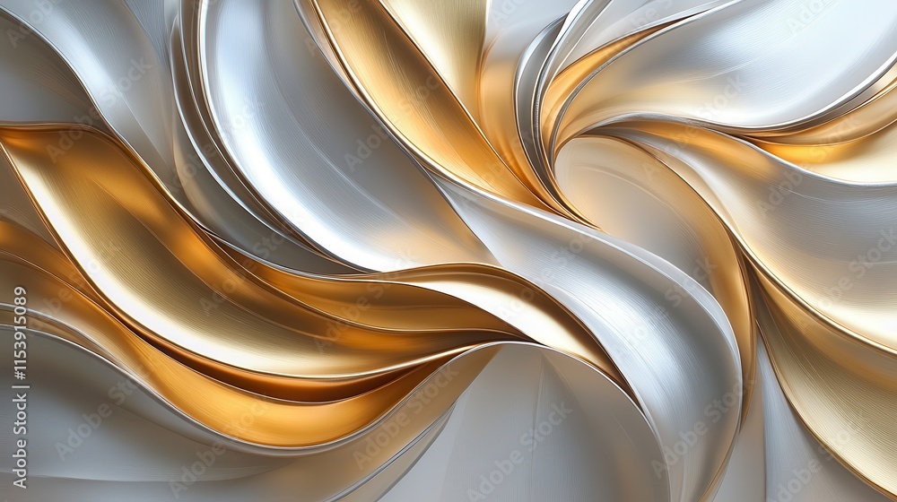 Poster a dynamic abstract design featuring flowing silver and gold waves, creating a sense of movement and 