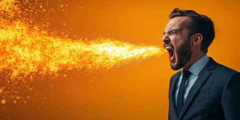 Fiery exclamation of anger businessman expressing emotion urban setting digital art vibrant background close-up view passionate concept