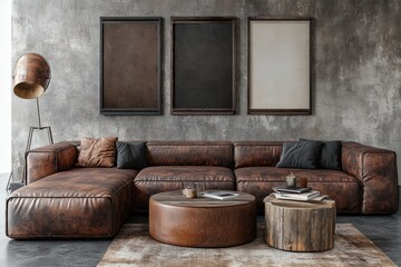 Modern Rustic Living Room Interior with Brown Leather Sofa and Empty Frames