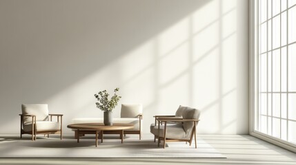 Fototapeta premium A serene living room with wooden furniture, a coffee table, and a vase of flowers, illuminated by soft sunlight streaming through large windows.