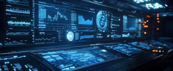 Obraz premium Futuristic control panel displaying data and analytics in a tech environment.
