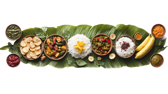Indian festive meal served on banana leaf with rice, vegetable, and accompaniment isolated on a white background, png