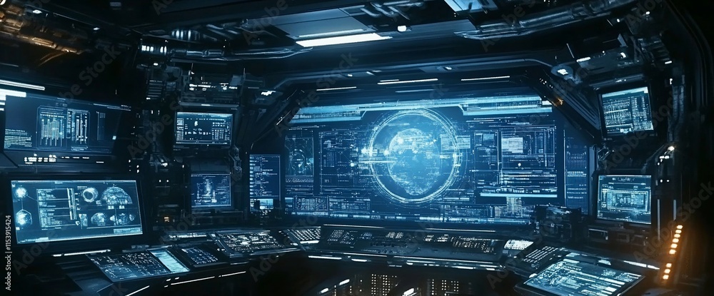 Aufkleber futuristic control room with screens displaying data and a holographic globe.