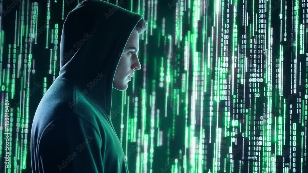 Aufkleber a man in a dark hoodie stands in front of a curtain of green binary code, deeply focused on the digi