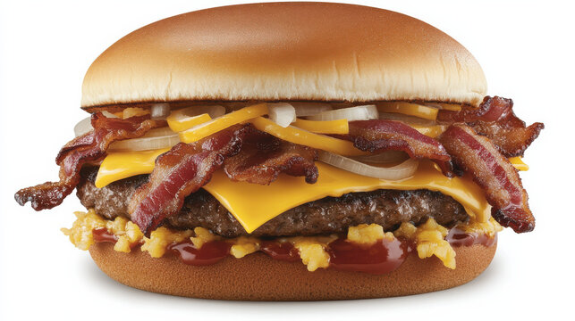 A double-patty bacon cheeseburger bursting with smoky barbecue sauce, caramelized onions, sharp cheddar cheese, and a seeded brioche bun. Styled for food photography with a clean minimalist aesthetic, - Powered by Adobe