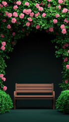 A serene garden scene featuring a wooden bench framed by lush greenery and vibrant pink flowers.