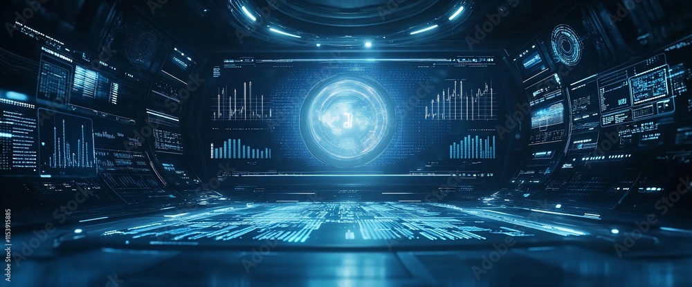 Poster futuristic control room with holographic displays and data visualizations.