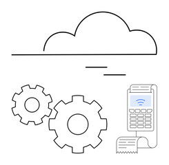 Cloud icon above gears and a payment terminal with receipt. Ideal for fintech, cloud computing, automation, digital transactions, e-commerce, business solutions, financial technology. Line metaphor
