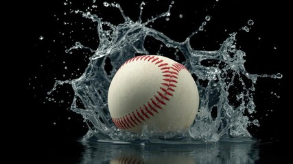Baseball submerged in water, dramatic splash, black backdrop, isolated, black background, impact