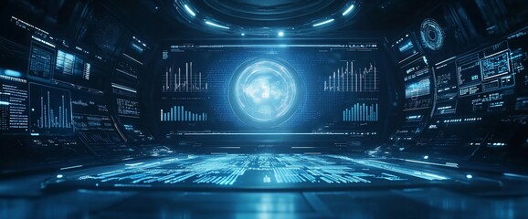 Obraz premium Futuristic control room with holographic displays and data visualizations.