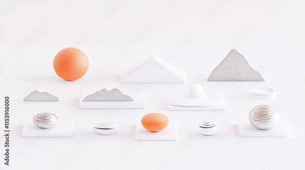 Poster a minimalist arrangement of geometric shapes and textures featuring an orange sphere and various whi