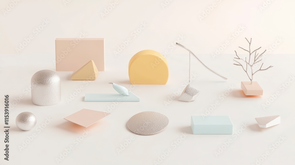 Aufkleber a serene arrangement of abstract geometric objects in soft pastel colors on a light background, emph