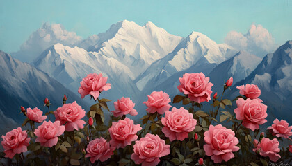 A picturesque view featuring vibrant pink roses in the foreground, set against a stunning backdrop of snow-capped mountains and a clear blue sky.