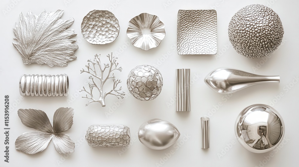 Poster a collection of intricately designed metallic objects showcasing various organic shapes and textures