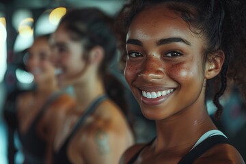 Fototapeta premium A smiling woman in fitness attire, surrounded by friends, representing joy and motivation in a workout setting.