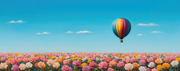 Fototapeta premium A vibrant hot air balloon soars over a colorful field of flowers under a clear blue sky.